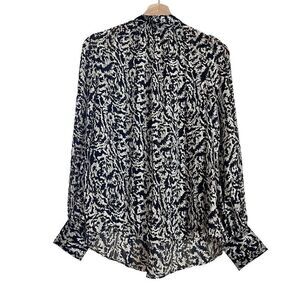 H&M Semi-Sheer 70s-inspired black & white patterned blouse shirt gold buttons S